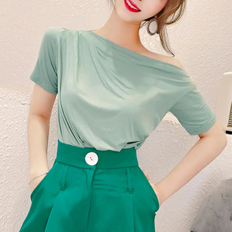 Gree short sleeve Gaganight, однотонная, сексуальная, хлопковая футболка, женская, короткий, длинный рукав, с открытыми плечами, тонкая, футболки, базовые, Модальные, футболки, модные топы - Цвет: Gree short sleeve