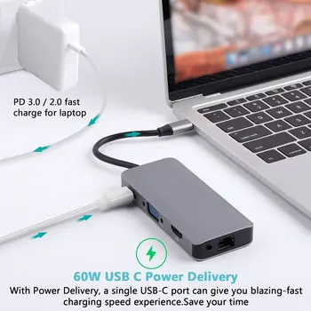 

Network Adapter Type C Hub to HDMI + VGA Output With PD3.0(100W) Charge 2 USB3.0 Ports SD/TF Card Reader Audio Port