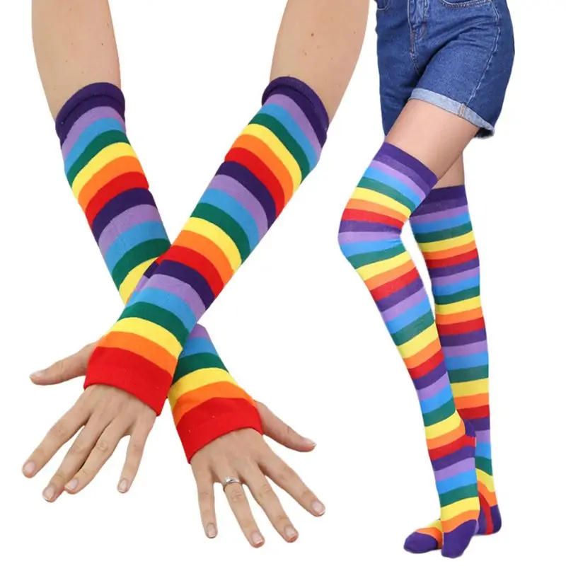 Женские носки выше колена в радужную полоску Теплые перчатки без пальцев, Необычные платья для косплея Маска для карнавала