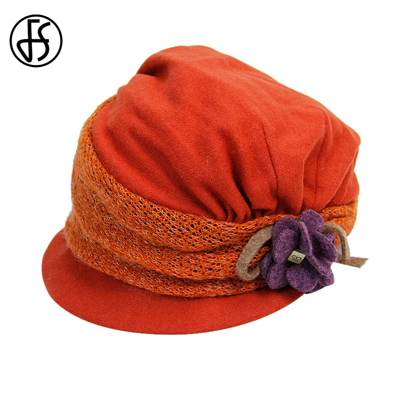 Женский винтажный шерстяной берет FS черный серый оранжевый синий хаки с