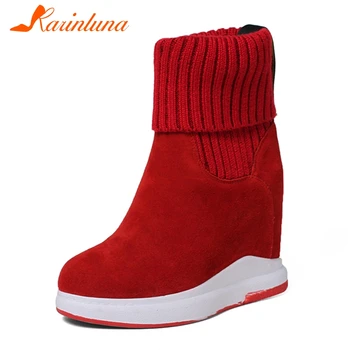

KARINLUNA New Female 2020 Boots Round Toe Slip On Platform Height Increasing High Heels Women Boots Coe Suede Ankle Women Shoes