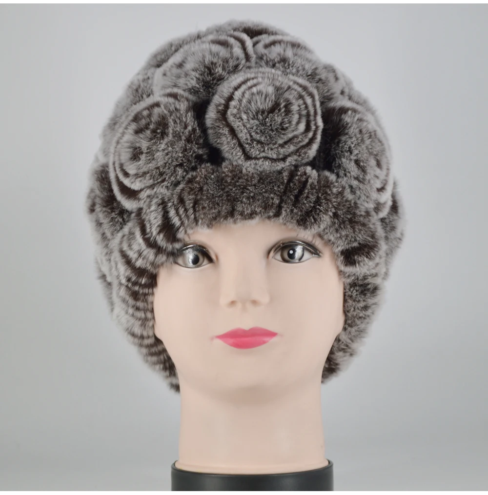 Winter Rex Rabbit Fur Hat Women Knitted Natural Rex Rabbit Fur Flowers Beanies Hats Warm Soft Real Rex Rabbit Fur Caps