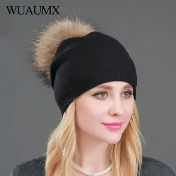 

Wuaumx Branded Women's Winter Hats Raccoon Fur Pompon Beanies Hat Double layer warm Skullies Beanies Knitted Hats For Women