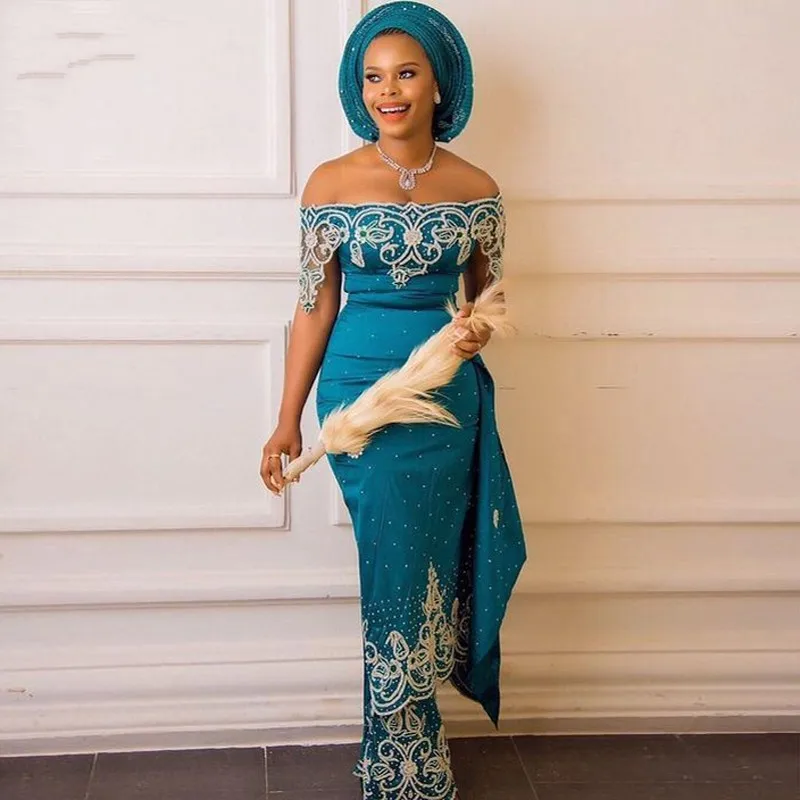 Teal Off Shoulder Prom Dresses With Lace Appliques Beads Sequins African Dubai Wmen Evening Dress Floor Length