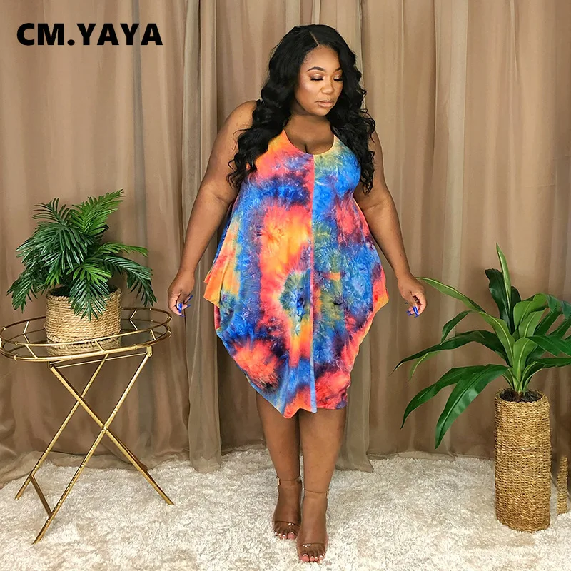 CM.YAYA Women Plus Size Dress Print Sleeveless O-neck Loose Stretchy Knee  Length Dresses Casual Fashion Streetwear Summer Outfit