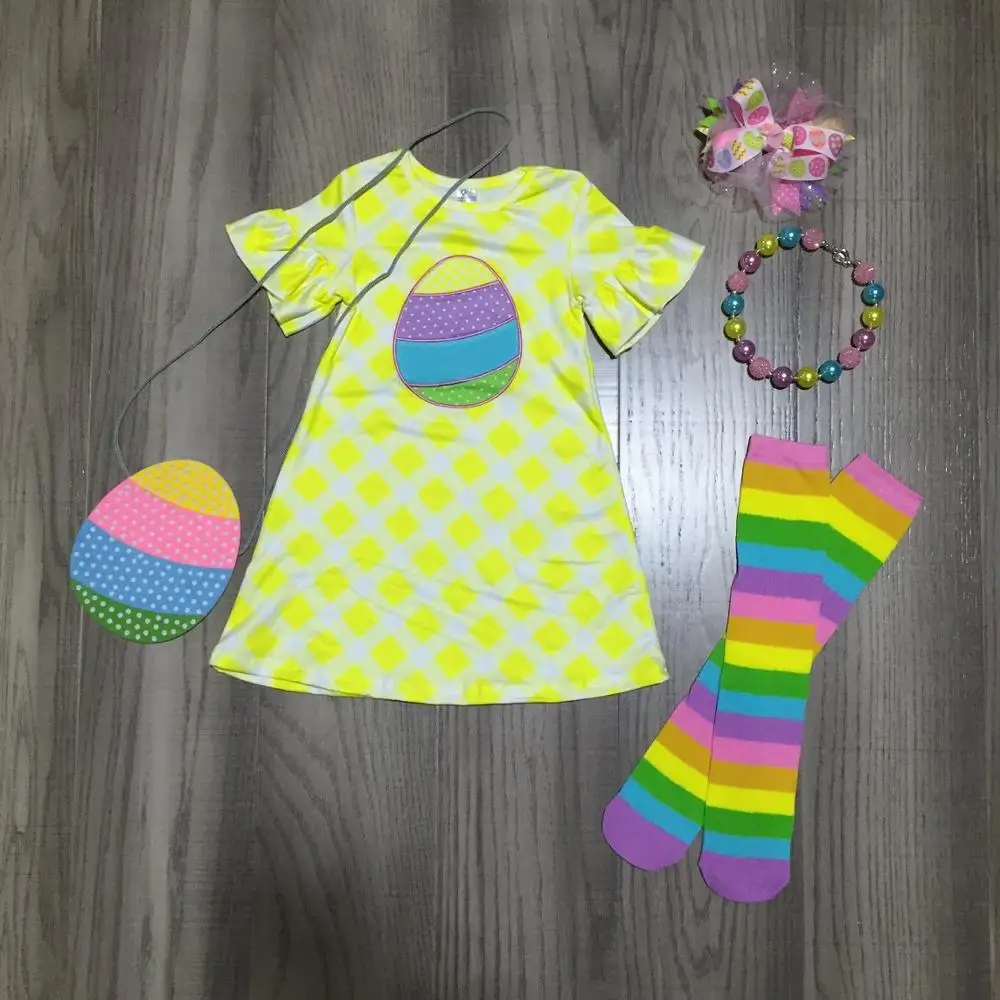

spring/summer baby girls outfits dress plaid bunny cotton milk silk clothes knee length match socks bow necklace and purse