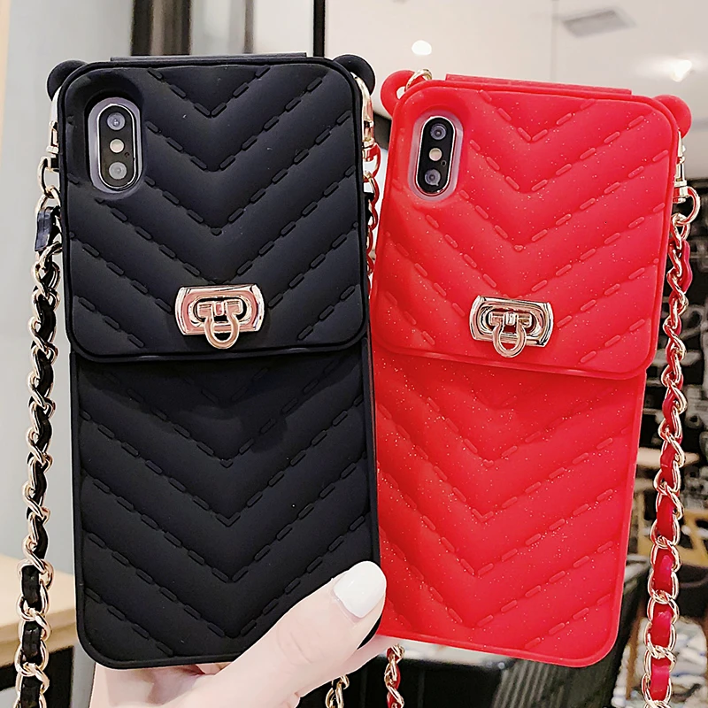 Модный Кроссбоди Чехол-бумажник для сотового телефона для iPhone XS MAX чехол XR X 8 7 6 Plus Мягкая силиконовая Сумочка Кошелек с длинной цепочкой