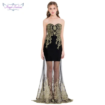 

Angel-fashions Women's Evening Dress Off Shoulder Gold Embroidery See Through Tulle Maxi Vintage Elegant Party Gown Black 189