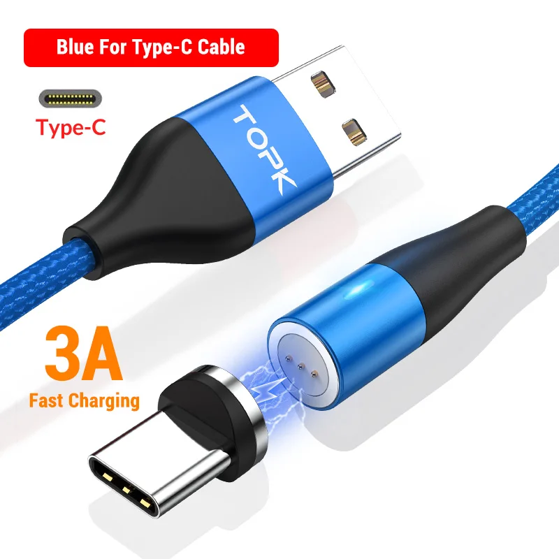 Type C Cable Blue TOPK 1 м 2 м Быстрый Магнитный кабель для передачи данных Micro USB кабель type C зарядное устройство для samsung Xiaomi Магнитный кабель для iPhone Android - Цвет: Type C Cable Blue
