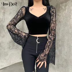 InsDoit Vintage Gothic Velvet Lace Tops Harajuku Sexy See Through Long Sleeve Crop Top Women Autumn Elegant Aesthetic Basic Tops