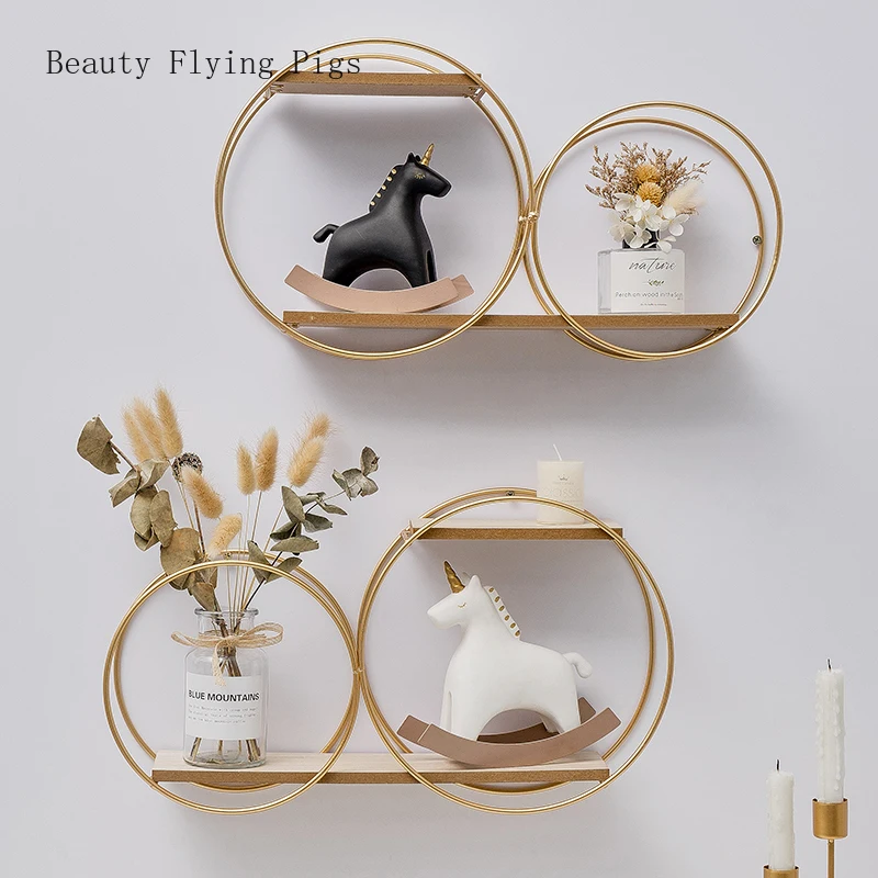 

Nordic style metal decorative frame round gold v hexagon storage rack shelf home wall decoration potted decorative shelf