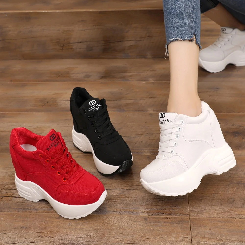 Zapatillas de deporte de malla para mujer, zapatos informales con plataforma, blancos, con tacones de 10CM, cuñas transpirables, para otoño, vulcanizados de mujer| - AliExpress