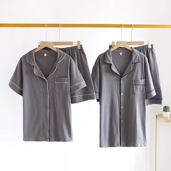

Spring Summer Couples Short Sleeve Shorts Pure Cotton Pajamas Thin Japanese-Style Solid Color Large Size Male Women'S Knitted