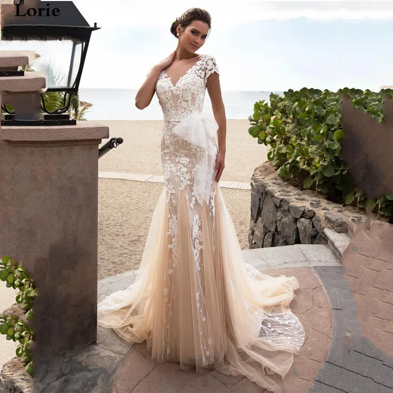 Lorie свадебное платье цвета Шампань Русалка Богемия Vestido de novia свадебное платье кружевная Апликация Свадебные платья с коротким рукавом