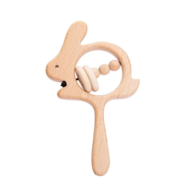 Baby Wooden Rattle Beech Bear Hand Teething Wooden Ring Baby Rattles Play Gym Montessori Stroller Toy Educational Toys for Kid set-5