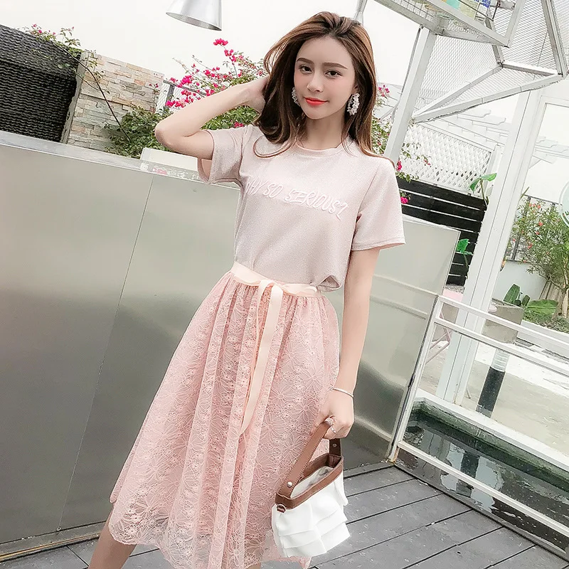 

2018 Summer Wear New Style Sweet Liangsi Short Sleeve T-shirt WOMEN'S Suit Fashionable Playful A- line Lace Skirt Two-Piece Set