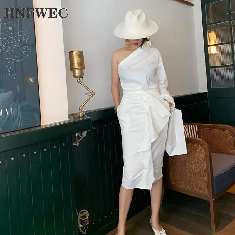 Женский Асимметричный комплект из 2 предметов белая хлопковая рубашка с длинным