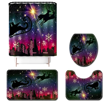

Merry Christmas Shower Curtain / Non-Slip Rug/ Toilet Lid Cover/ Bath Mat Santa Deer Pattern for Christmas Decoration XH