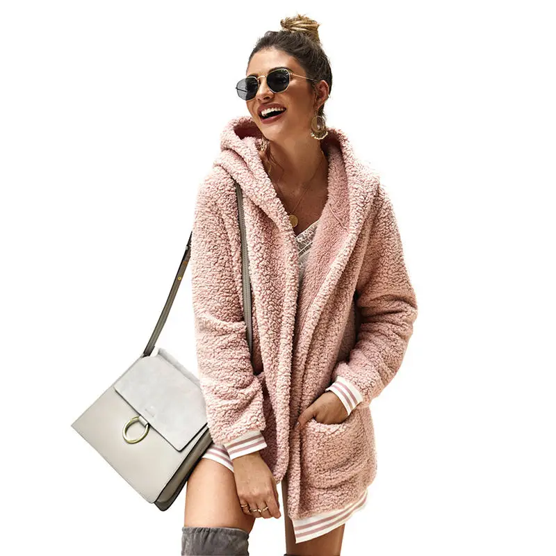 Женский плюшевый флисовый свитер шерпа флисовый кардиган с большими карманами эластичный подол теплое пальто женская зимняя Осенняя уличная одежда