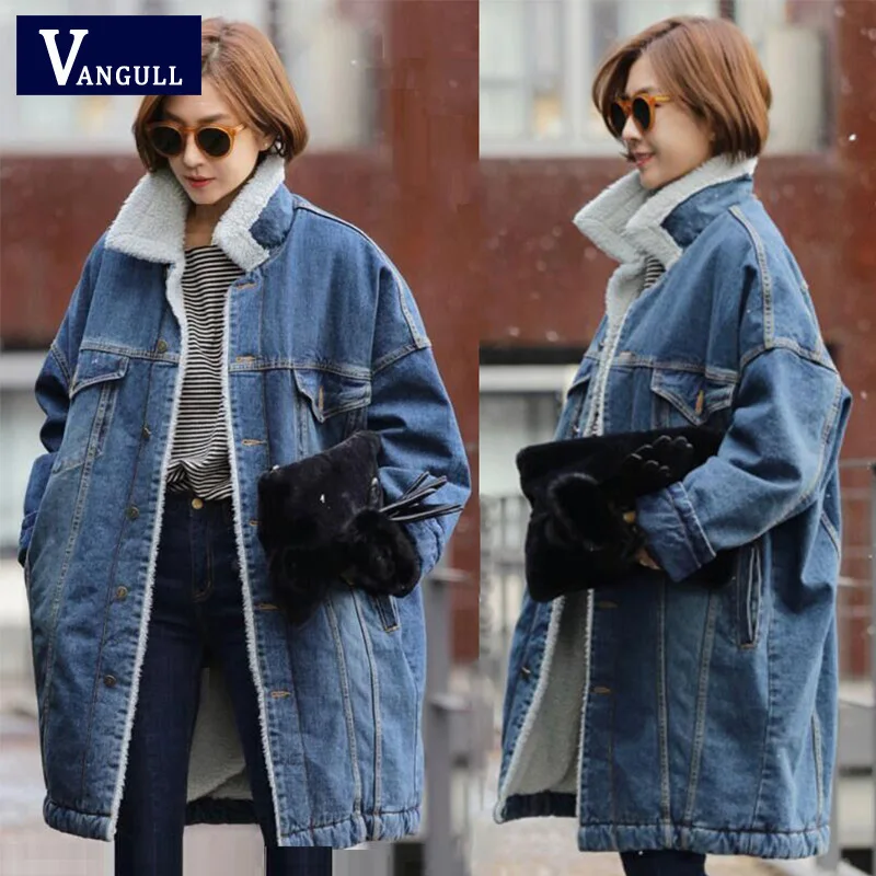  Vangull Fur Warm Winter Denim Jacket Women 2019 New Fashion Autumn Wool Lining Jeans Coat Women Bom