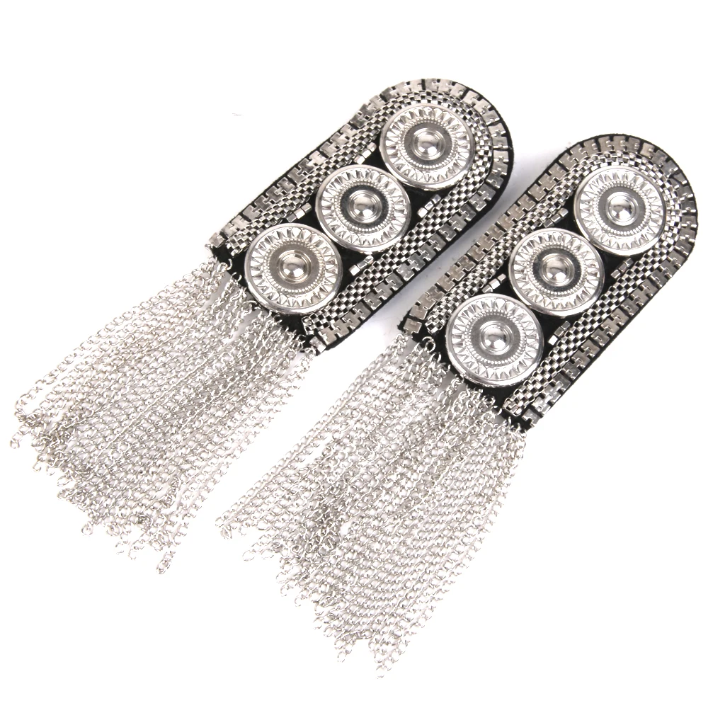 1 Pair Elegant Silver Fringe Tassel Link Chain Epaulet Shoulder Boards Badge