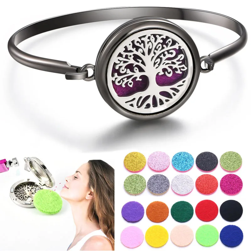Black Aromatherapy Bracelet Essential Oil Diffuser Locket Perfume Bracelet Tree of Life 316L Stainless Steel Diffuser Bracelet