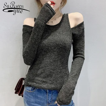 

2019 Streetwear Women Blouses Autumn Winter Double-shouldered Long Sleeve Women Shirts Solid Round Collar Hollow Slim 7305 50
