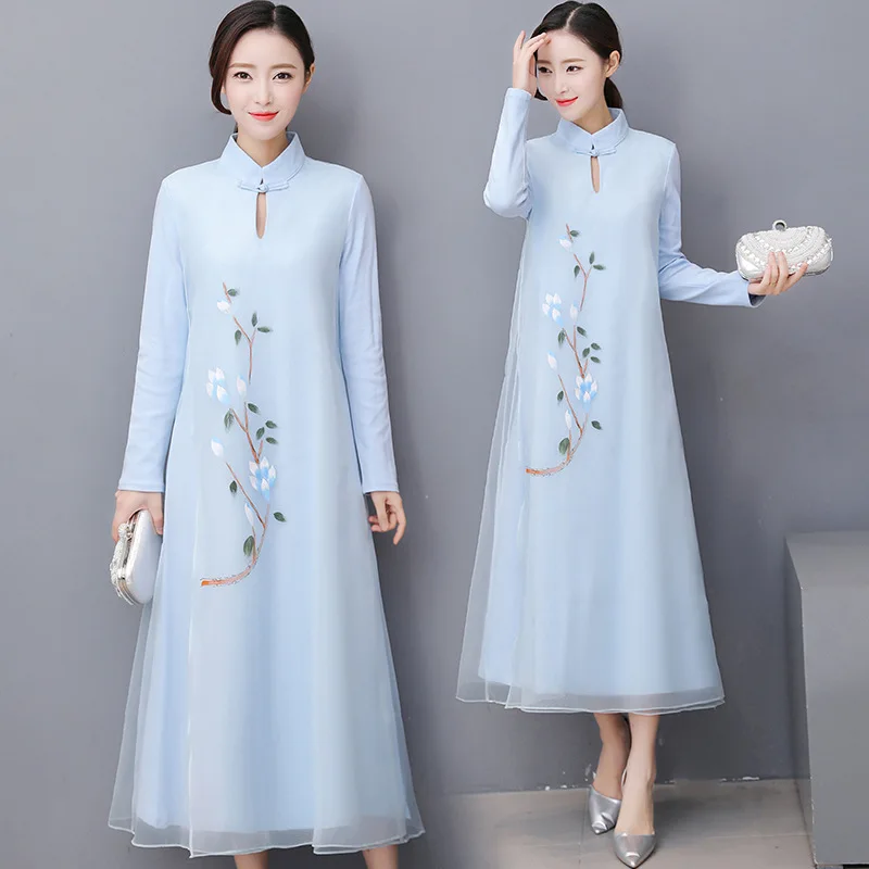 Photo Shoot Spring And Summer Retro National Wind Zen Frog Long Skirts Hand-Painted Knitted Organza Cheongsam Dress