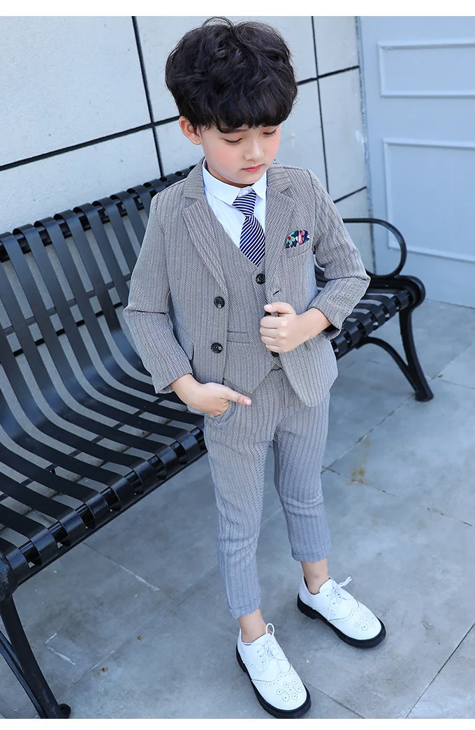 Children's Small Suit Autumn And Winter New Boys Striped Three-Piece Suit Jacket Vest Pants Flower Girl Wedding Birthday Dress