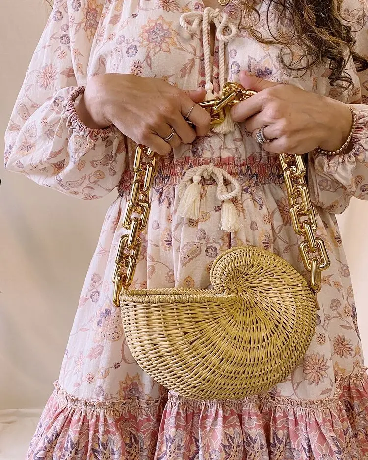 Fashion Thick Chains Rattan Conch Women Shoulder Bags Design Wicker Woven Handbags Luxury Summer Beach Straw Bag Bali Purse