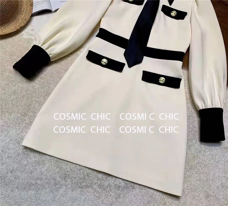 Cosmicchic женское осенне-зимнее платье с длинными рукавами и отворотами ретро на пуговицах с рукавом фонариком элегантное офисное шитый галстук платье