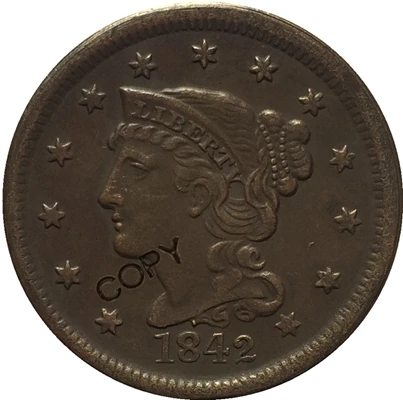 США 1839-1857 Заплетенные волосы большой цент копии монет - Цвет: 1842 Large Date