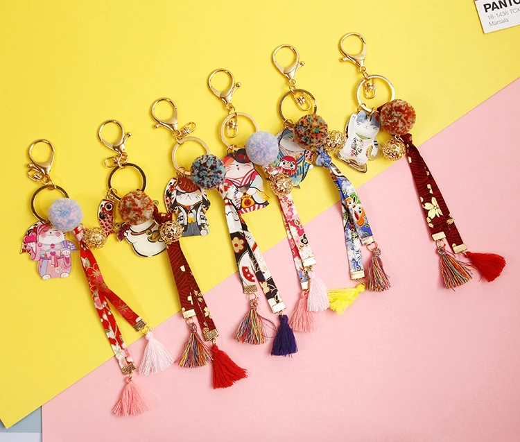 Tranditioal кимоно Maneki Neko Lucky Cat Fat Fortune Cat Брелок меховой шарик брелок для автомобиля сумка Подвеска для женщин D366