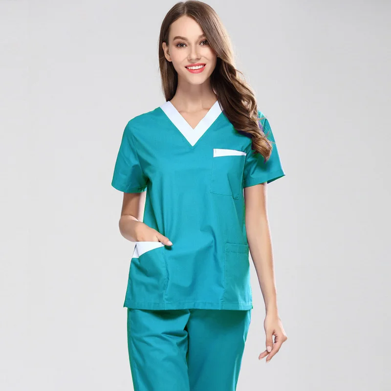 Women's Color Blocking Scrubs Set or Scrub Top Short Sleeve V Neck Top Doctor Nurse Dentist Workwear Pure Cotton Medical Uniform