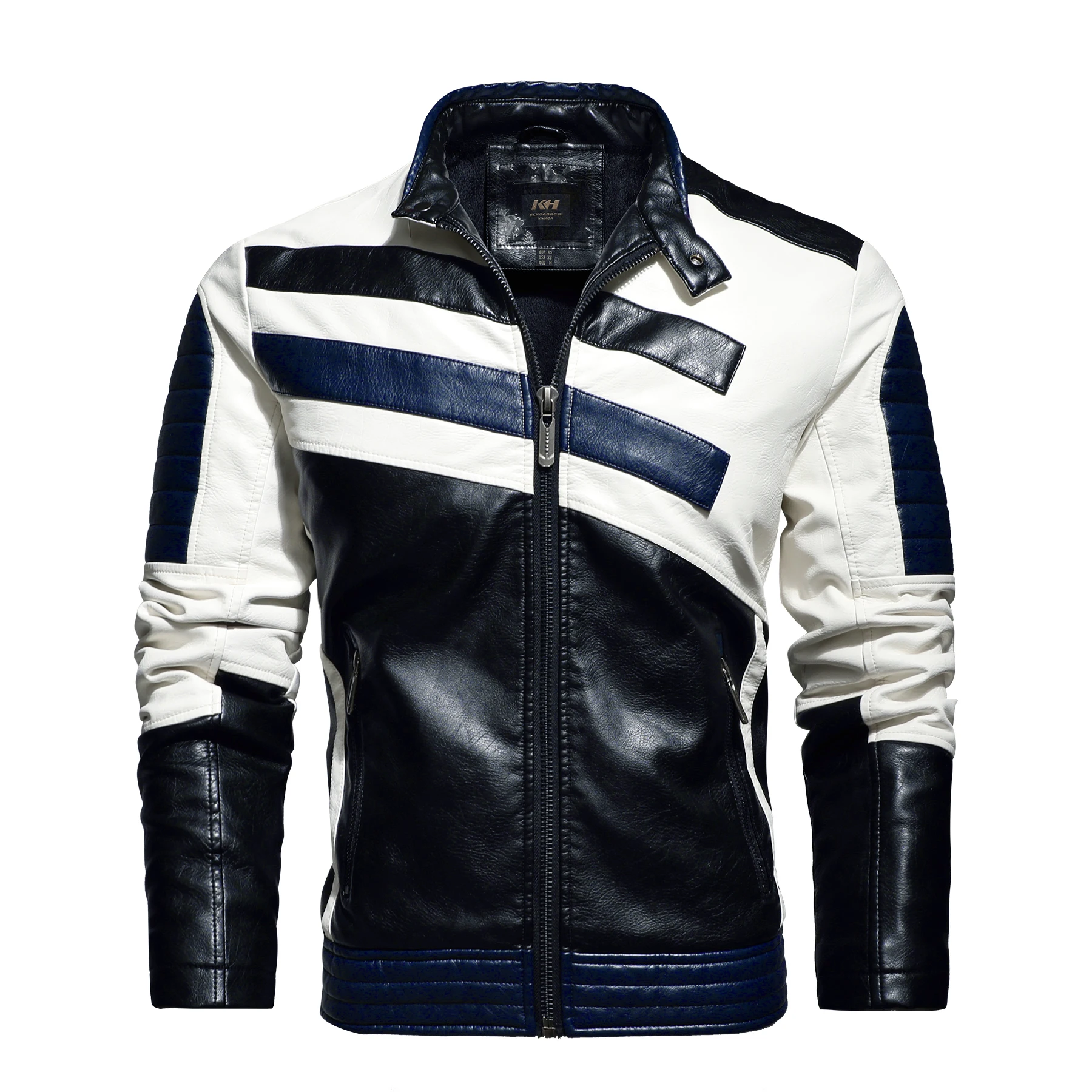 

Mens Motorcycle Leather Jacket Striped Patchwork PU Leather Jacket Autumn Winter Slim Jacket Mens High Street Irregular Design