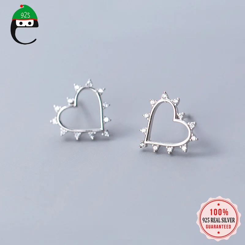 

ElfoPlataSi 100% 925 Solid Real Sterling Silver Cute Hollow Heart CZ Stud Earring For Women Fine Silver Jewelry Wholesale ED25