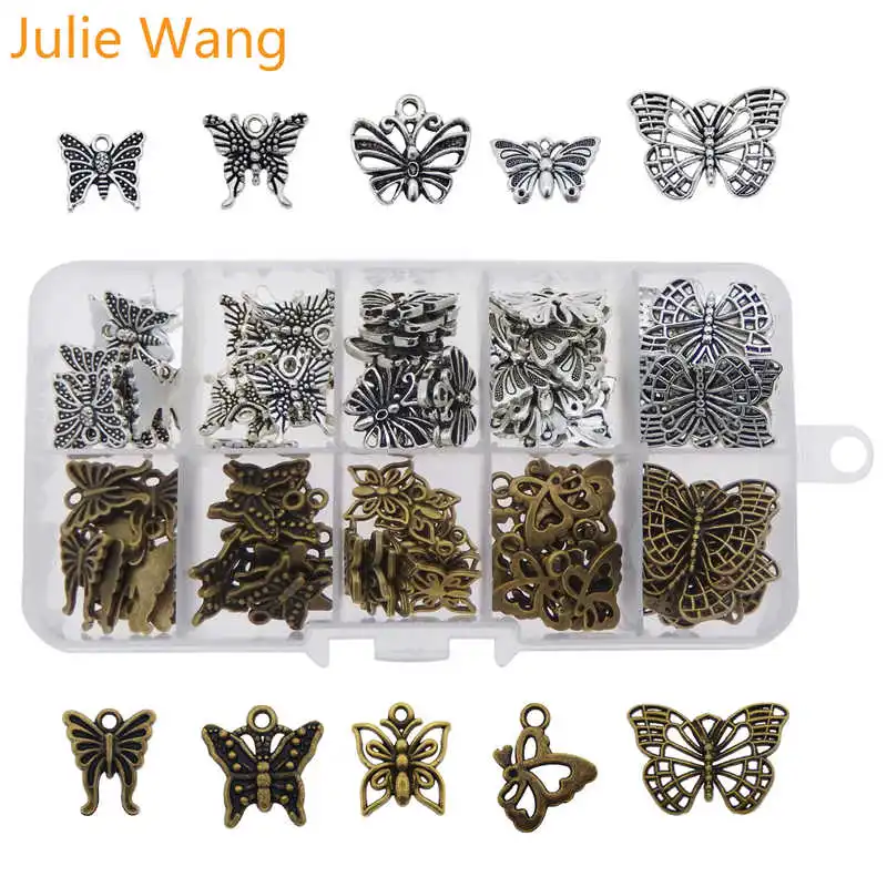 Julie Wang 100 шт./кор. смешанные талисманы бабочки сплав насекомых античный бронзовый серебристый ожерелье браслет ювелирных изделий Аксессуар