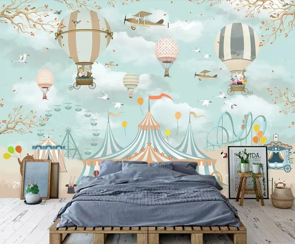 Diantu Mural wallpaper cartoon hot air balloon circus background children room boy girl bedroom background mural 3d wallpaper