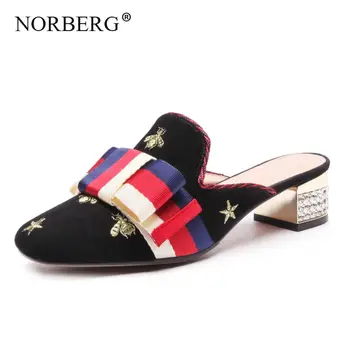 

NORBERG sheepskinSlippers women suede simple non-slip woman slippers striped bow with British style casual shoes red