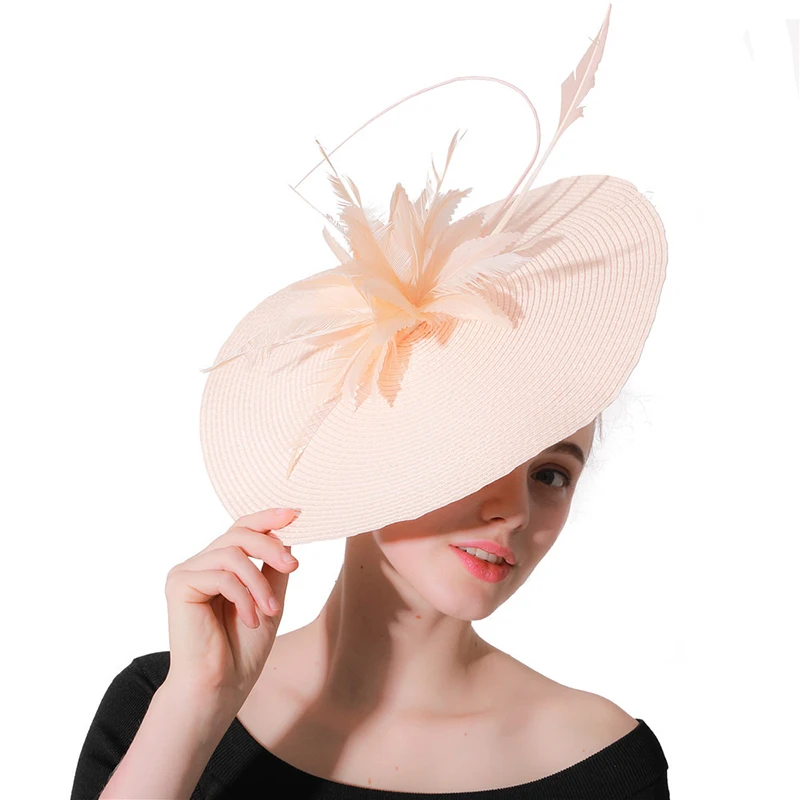 Ladies Fascinator Straw Hats Bride Wedding Hats and Fedoras for Women Elegant Church Hats Top Hat Feather Clip LM067