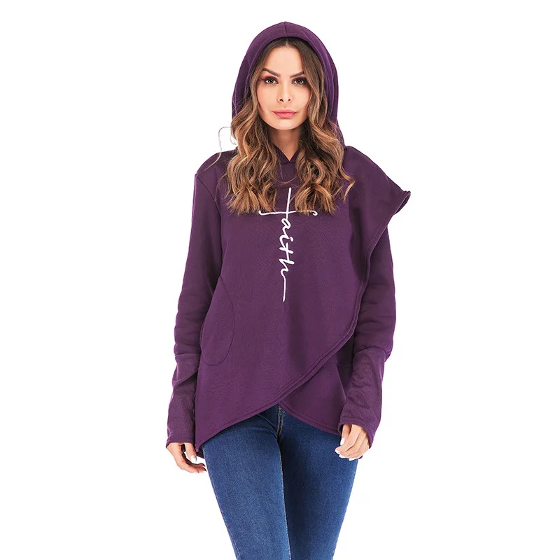 Женские толстовки осень зима размера плюс с длинным рукавом Карманный пуловер Толстовка женская Повседневная теплая толстовка с капюшоном - Цвет: purple Pattern