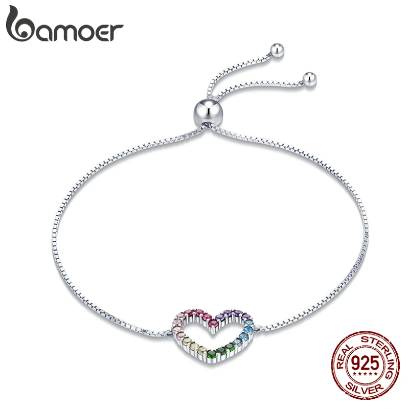 bamoer 925 Sterling Silver Rainbow Colorful Heart Pattern Love Zircon Adjustable Bracelet Chain for Women Fine Jewelry SCB216