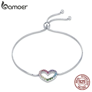 bamoer 925 Sterling Silver Rainbow Colorful Heart Pattern Love Zircon Adjustable Bracelet Chain for Women Fine Jewelry SCB216
