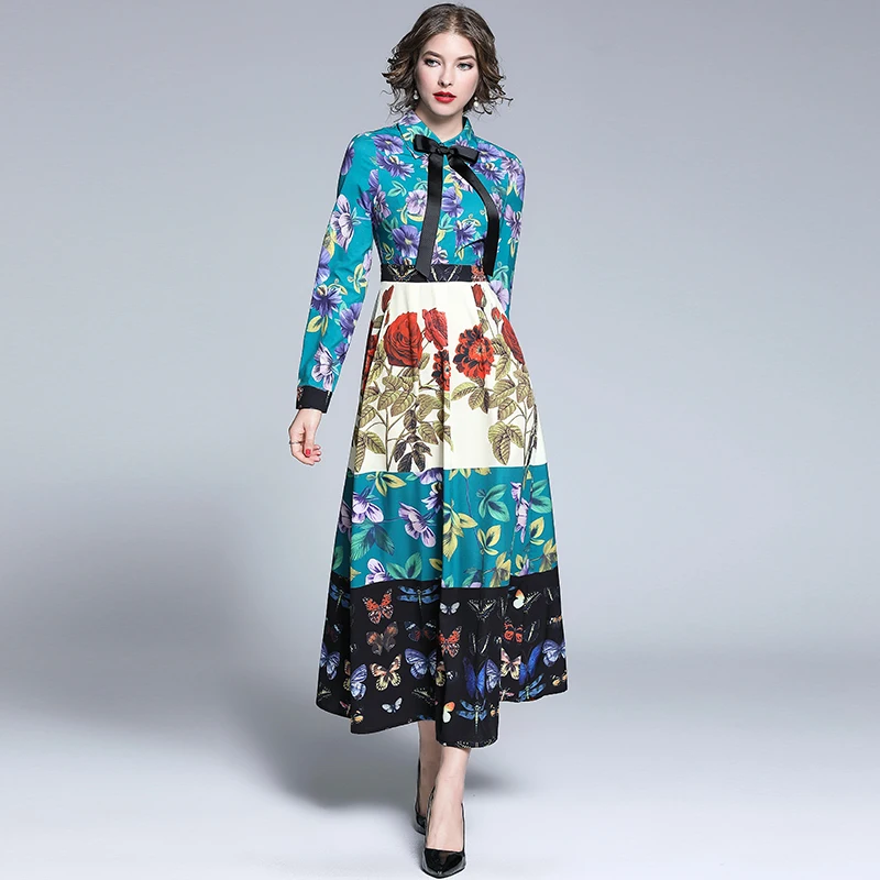 

2019 Spring Autumn Runway Maxi Dress Women's Bow Belted Collar Gorgeous Floral Print Retro Vintage Dress Party Long Dress