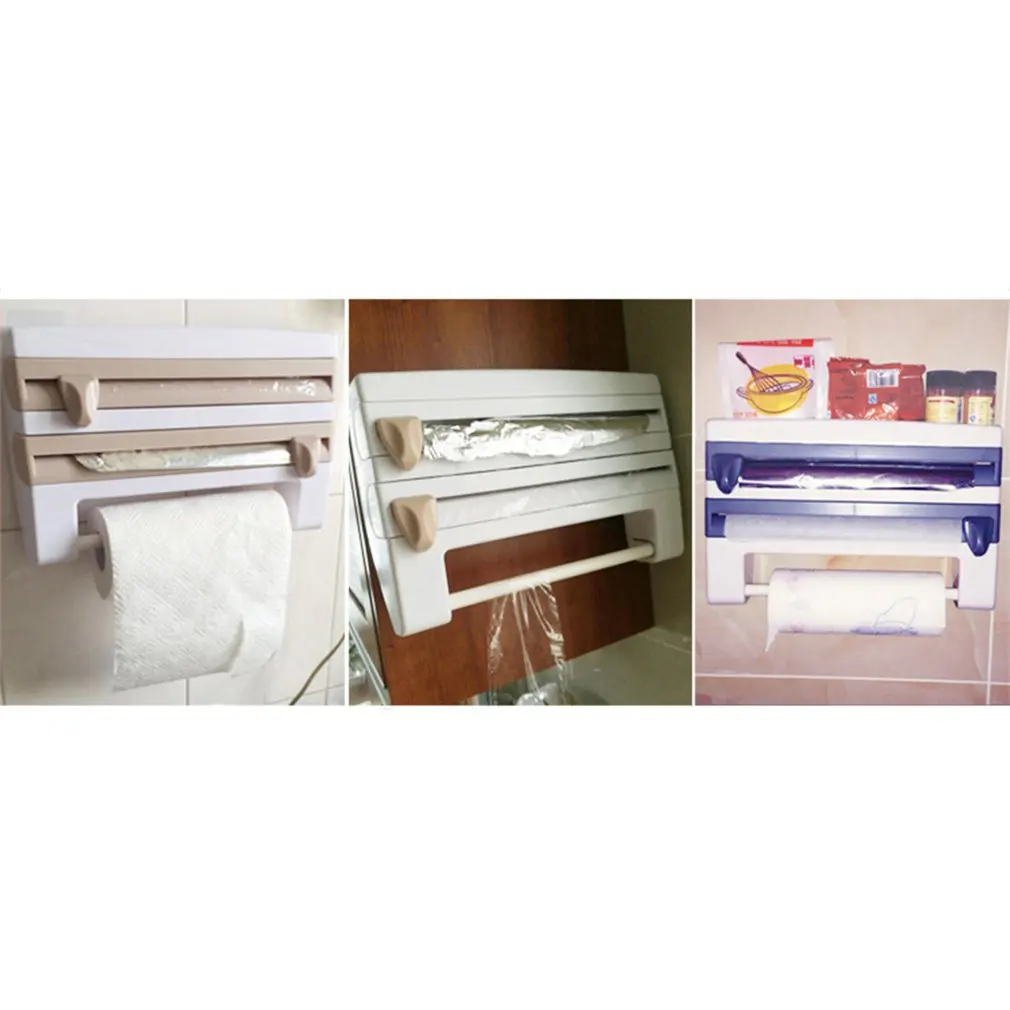 Portable Kitchen Storage Cling Film Sauce Bottle Rack Container Paper Towel Holder with Cutting Blades Home Kitchen Supplies