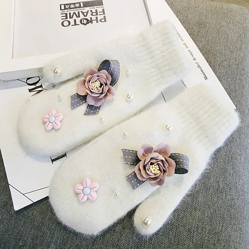 Cashmere Rabbit Fur Mittens Winter Korean Women Cute Female Knit Wool Thicker Gloves Ladies Guantes Warm Floral Gloves Mitten