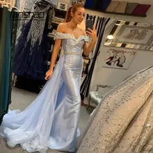 Синие мусульманские Вечерние платья с открытыми плечами съемные бусины-паровозики Дубай Саудовская Арабский длинное вечернее платье для выпускного вечера