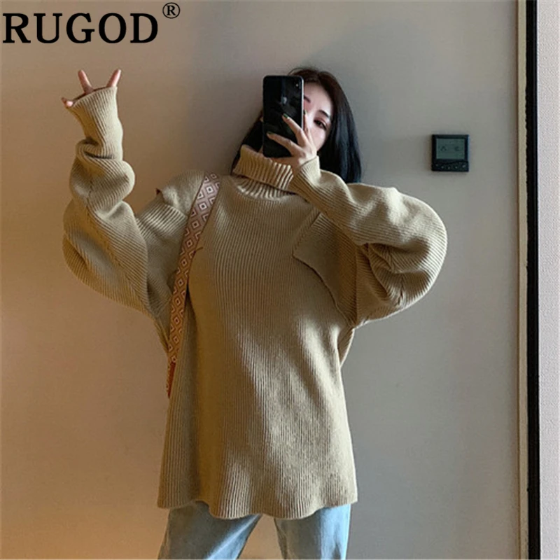 RUGOD корейский однотонный вязаный свитер женское винтажное платье с открытыми плечами водолазка для влюбленных свитера женский auturm теплый свитер