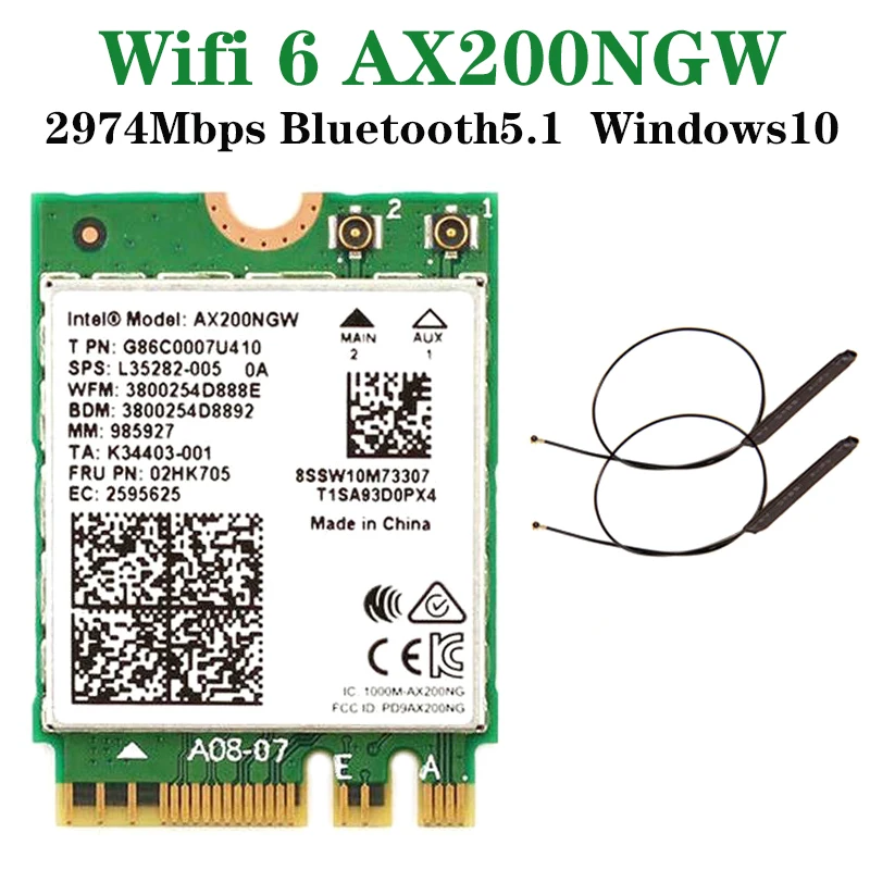 

2400Mbps Dual Band Wi-Fi 6 AX200NGW 802.11ax/ac MU-MIMO 2x2 Wifi For AX200 NGFF M.2 Bluetooth 5.1 Network Wlan Cardï¼‹Antennas