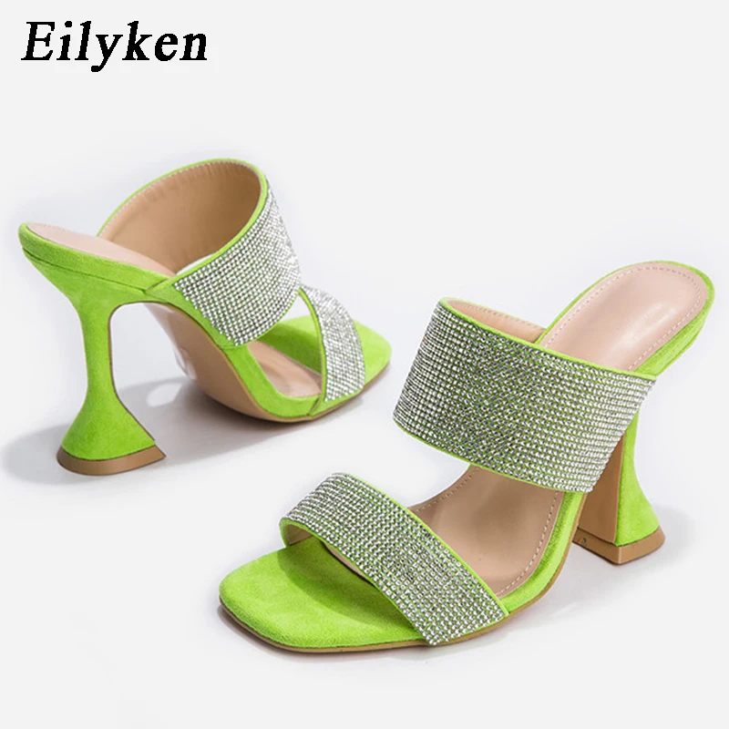 Eilyken/ дизайн; женские шлепанцы на необычном каблуке с квадратным открытым носком; модные босоножки из флока со стразами; обувь для вечеринки и свадьбы; туфли-лодочки